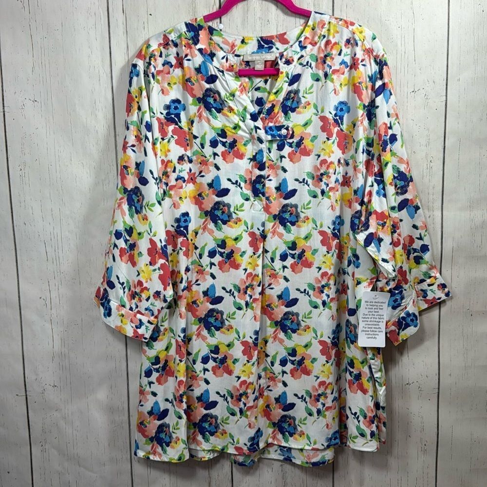 Woman Within Floral Tunic Blouse Plus Size 2X Roll Tab Sleeve Cottagecore Boho
